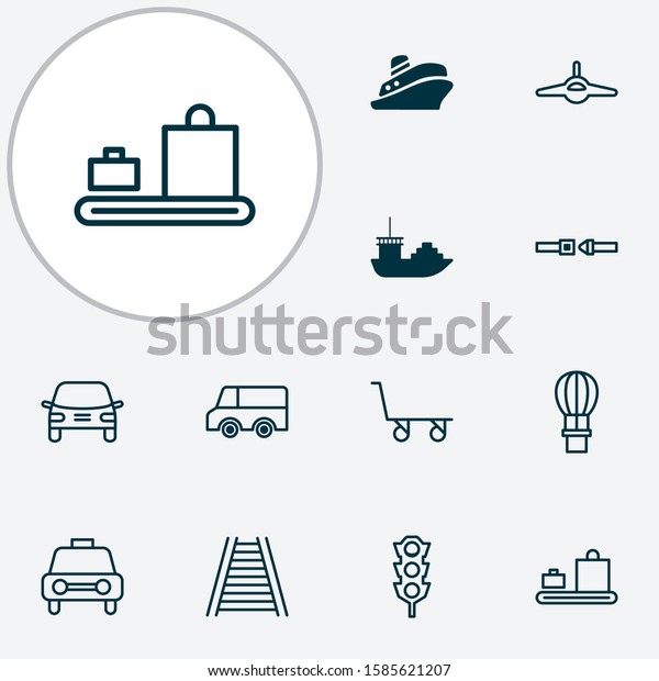 Shipping icons set with cargo boat, air balloon,\
trolley and other taxi elements. Isolated vector illustration\
shipping icons.