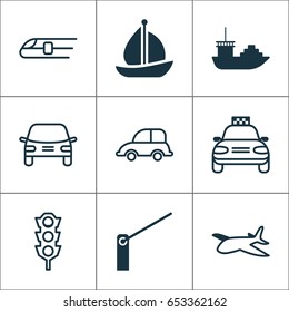 Shipping Icons Set. Collection Of Automobile, Auto Car, Sailboat And Other Elements. Also Includes Symbols Such As Ship, Metro, Automobile.
