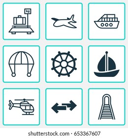 Shipping Icons Set. Collection Of Boat, Railway, Navigation Arrows And Other Elements. Also Includes Symbols Such As Volume, Airplane, Baggage.