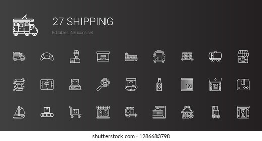 shipping icons set. Collection of shipping with e commerce, container, van, store, transportation, conveyor, boat, crate, products, package. Editable and scalable shipping icons.