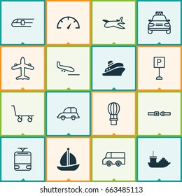 Shipping Icons Set. Collection Of Flight Basket, Safety Belt, Travel Boat And Other Elements. Also Includes Symbols Such As Airplane, Safety, Vehicle.