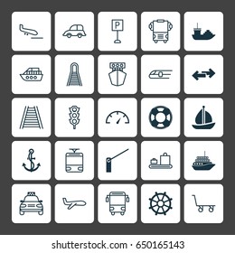 Shipping Icons Set. Collection Of Navigation Arrows, Plane Arrival, Cruise And Other Elements. Also Includes Symbols Such As Lights, Speedometer, Road.