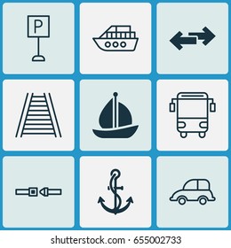 Shipping Icons Set. Collection Of Navigation Arrows, Railroad, Sailboat And Other Elements. Also Includes Symbols Such As Arrow, Railroad, Pointer.