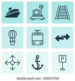 Shipping Icons Set. Collection Of Navigation Arrows, Travel Boat, Streetcar And Other Elements. Also Includes Symbols Such As Air, Cruise, Volume.