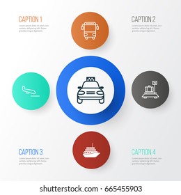 Shipping Icons Set. Collection Of Plane Arrival, Baggage, Car Vehicle And Other Elements. Also Includes Symbols Such As Weight, Baggage, Arrival.