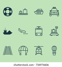 Shipping Icons Set. Collection Of Plane Arrival, Streetcar, Baggage And Other Elements. Also Includes Symbols Such As Taxi, Plane, Train.