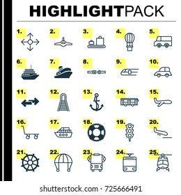 Shipping Icons Set. Collection Of Road Pointer, Navigation Arrows, Streetcar And Other Elements. Also Includes Symbols Such As Luggage, Skydive, Trolley.