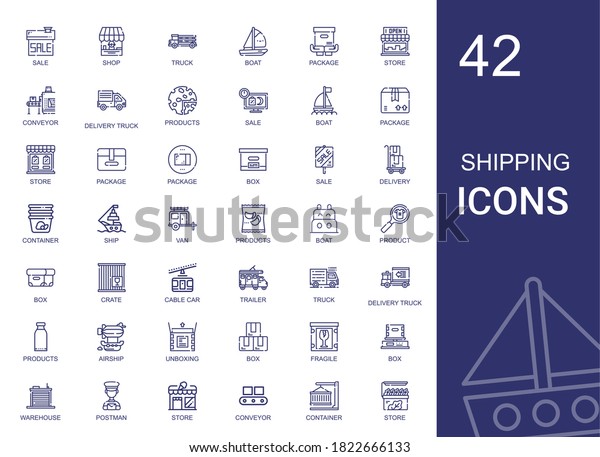 shipping icons set.\
Collection of shipping with sale, shop, truck, boat, package,\
store, conveyor, delivery truck, products, box, delivery. Editable\
and scalable shipping\
icons.