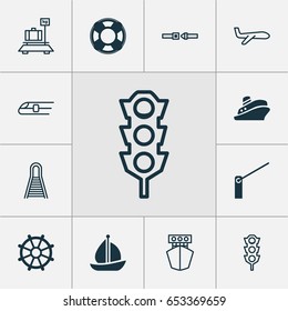 Shipping Icons Set. Collection Of Ship, Stoplight, Baggage And Other Elements. Also Includes Symbols Such As Rudder, Boat, Transport.