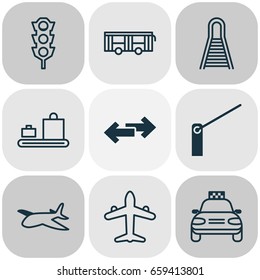 Shipping Icons Set. Collection Of Stoplight, Vehicle, Jet And Other Elements. Also Includes Symbols Such As Transport, Train, Roadblock.