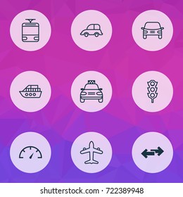 Shipping Icons Set. Collection Of Stoplight, Jet, Navigation Arrows And Other Elements. Also Includes Symbols Such As Automobile, Speed, Plane.