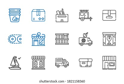 conjunto de iconos de envío. Colección de envíos con tienda, caja, camión de entrega, barco, frágil, camioneta, transportador, paquete, contenedor. Iconos de envío editables y escalables.