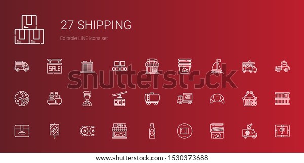 shipping icons set.\
Collection of shipping with store, package, products, conveyor,\
sale, delivery truck, fuel truck, cable car, postman. Editable and\
scalable shipping\
icons.