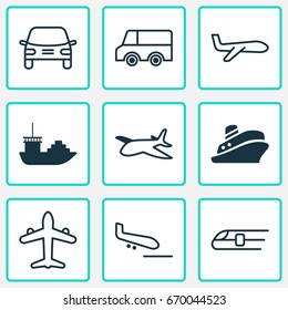 Shipping Icons Set. Collection Of Travel Boat, Jet, Metro And Other Elements. Also Includes Symbols Such As Airplane, Tour, Transport.
