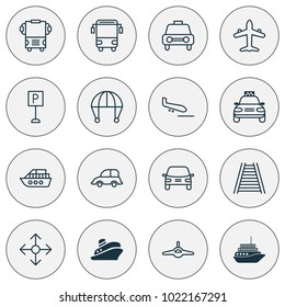 Shipping icons set with parking sign, combat aircraft, auto and other travel boat elements. Isolated vector illustration shipping icons.