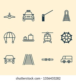 Shipping icons set with railroad, auto, combat aircraft and other railroad elements. Isolated vector illustration shipping icons.