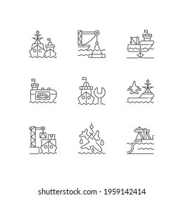 Shipping industry linear icons set. Naval fleet. Underwater construction. Anchorage. Car shipping. Customizable thin line contour symbols. Isolated vector outline illustrations. Editable stroke