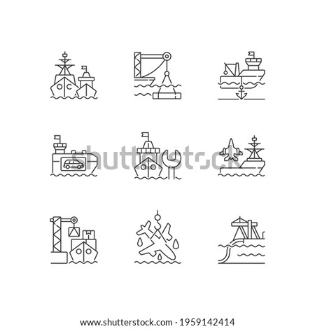 Shipping industry linear icons set. Naval fleet. Underwater construction. Anchorage. Car shipping. Customizable thin line contour symbols. Isolated vector outline illustrations. Editable stroke
