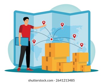 Shipping information concept.A courier demonstrating global shipping routes on a world map with packages. Ideal for showcasing logistics, delivery services, worldwide shipments.
