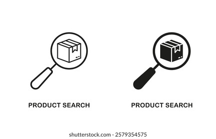 Shipping Information Sign. Product Search Line and Silhouette Icon Set. Box with Magnifier Pictogram. Editable Stroke. Isolated Vector Illustration.