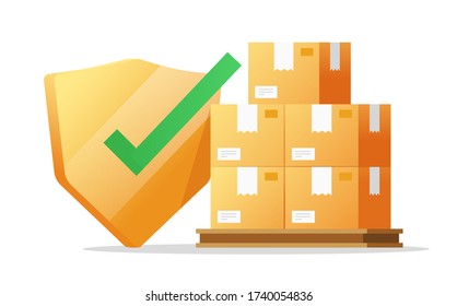Shipping insurance and cargo freight delivery guaranty shield or package transportation protection coverage care vector flat illustration isolated, logistics guard concept, courier shipment safety