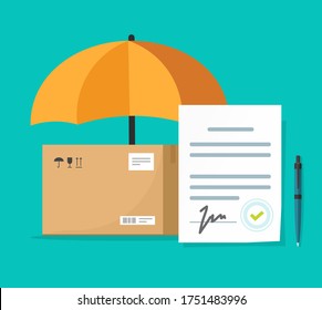 Shipping insurance contract or freight cargo delivery and package transportation protection coverage guaranty care agreement vector flat illustration, concept of logistics courier service guard shield
