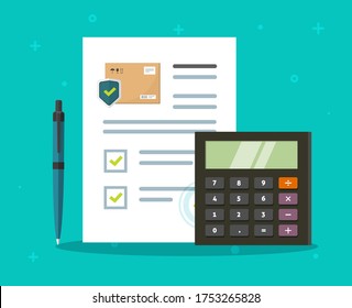 Shipping insurance freight calculator of cargo delivery and package transportation protection coverage guaranty care agreement vector flat illustration, concept of logistics courier service guard