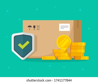 Shipping insurance of freight cargo delivery and parcel package transportation protection coverage financial guaranty care vector flat illustration, concept of logistics courier service guard shield