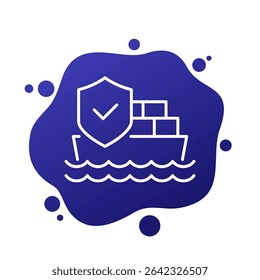 shipping insurance icon with container ship and shield, line design