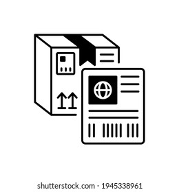 Shipping label black linear icon. Postal service, commercial shipment ID outline symbol on white space. Unique tag with information about package. Cardboard box vector isolated illustration