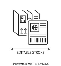 Shipping label linear icon. Postal service, commercial shipment ID thin line customizable illustration. Cardboard box contour symbol. Vector isolated outline drawing. Editable stroke