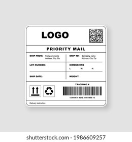 Shipping Label, Priority Mail Cargo Sticker Template. Realistic Delivery Bar Code Mockup With Fragile, Forbidden To Turn And Recycle Sign Warning Icon And Company Information Vector Illustration