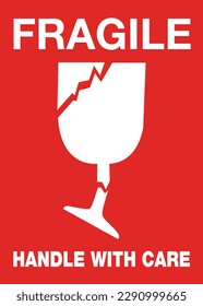 Roter Hintergrund des Schiffsetiketts mit weißem Text: Fragile Handhabung mit Vorsicht 