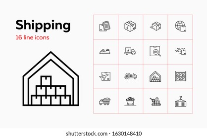 Shipping line icon set. Parcel, ship, airplane. Delivery concept. Can be used for topics like postal service, transportation, logistics