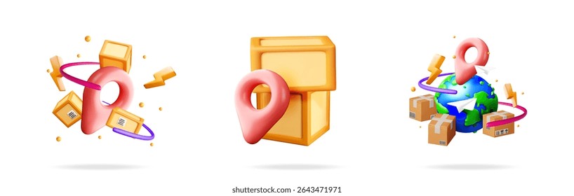 Shipping location pin 3d icon for delivery service. Fast parcel transfer with cardboard box. Global logistics.