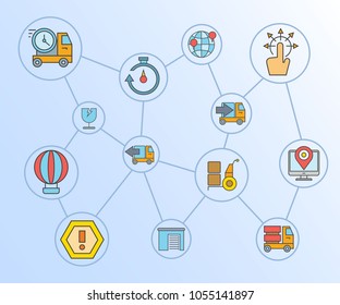shipping and logistic concept icons network diagram in blue background