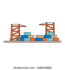 shipping logistic delivery cargo, containers in sea port with crane cartoon vector illustration graphic design