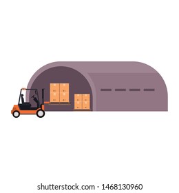 shipping logistic delivery cargo, forklift with merchandise cardboard boxes in storage hangar cartoon vector illustration graphic design
