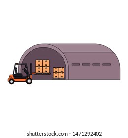 shipping logistic delivery cargo, forklift with merchandise cardboard boxes in storage hangar cartoon vector illustration graphic design