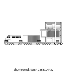 shipping logistic delivery cargo, train with merchandise containers in sea port cartoon vector illustration graphic design