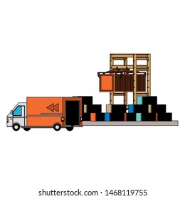shipping logistic delivery cargo, van truck with merchandise boxes and crane with containers cartoon vector illustration graphic design