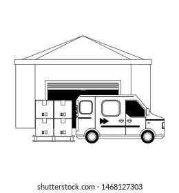 shipping logistic delivery cargo, van truck with merchandise boxes at storage hangar cartoon vector illustration graphic design