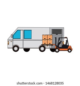 shipping logistic delivery cargo, van truck with merchandise boxes and forklift cartoon vector illustration graphic design