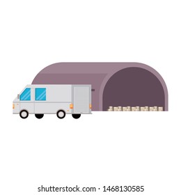 shipping logistic delivery cargo, van truck with merchandise boxes at storage hangar cartoon vector illustration graphic design
