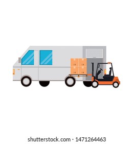 shipping logistic delivery cargo, van truck with merchandise boxes and forklift cartoon vector illustration graphic design