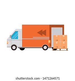 shipping logistic delivery cargo, van truck with merchandise boxes cartoon vector illustration graphic design