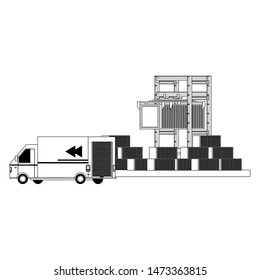 shipping logistic delivery cargo, van truck with merchandise boxes and crane with containers cartoon vector illustration graphic design