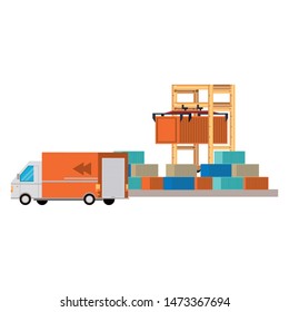 shipping logistic delivery cargo, van truck with merchandise boxes and crane with containers cartoon vector illustration graphic design