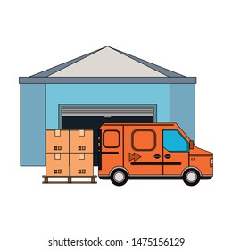 shipping logistic delivery cargo, van truck with merchandise boxes at storage hangar cartoon vector illustration graphic design