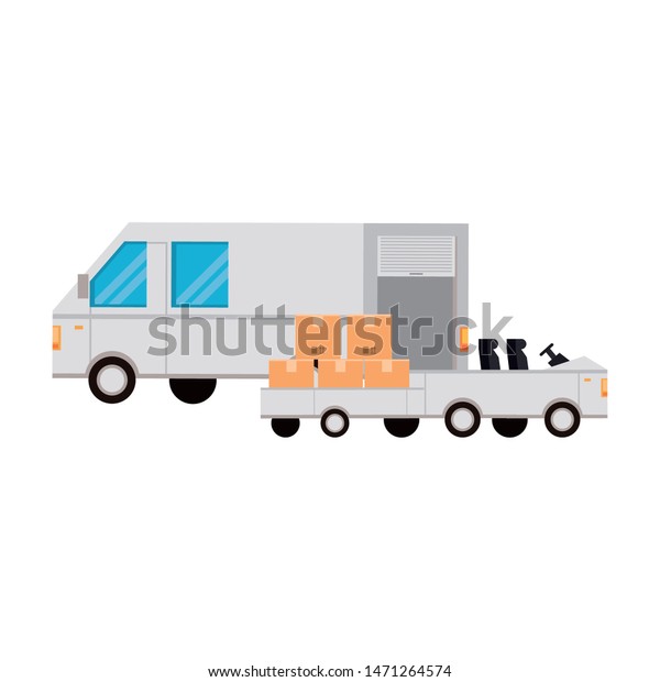 shipping logistic delivery cargo, van truck with\
merchandise boxes and airport car cartoon vector illustration\
graphic design
